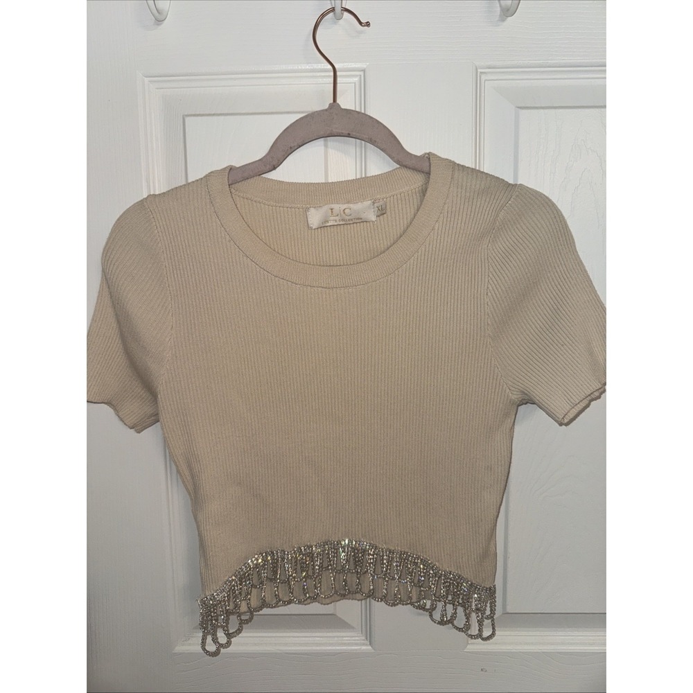 LC Lizette Collection Women's Ribbed Crop Top XL Beige W/ Rhinestone Trim